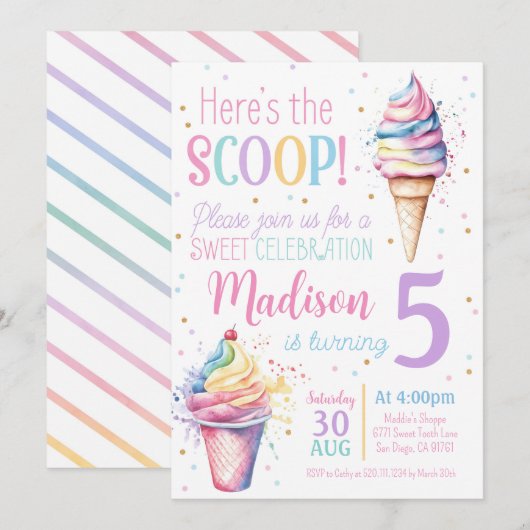 Verjaardagsuitnodiging voor ijsje in een hoorntje kaart (Voorkant / Achterkant)