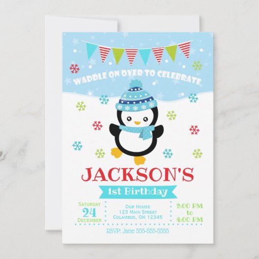 Verjaardagsuitnodiging voor jongen pinguïn / Waddl Kaart (Voorkant)