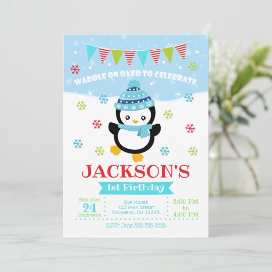 Verjaardagsuitnodiging voor jongen pinguïn / Waddl Kaart (Staand voorkant)