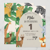 Verjaardagsuitnodiging voor jongens met dieren the kaart (Voorkant / Achterkant)