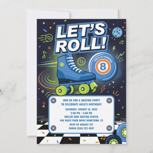 Verjaardagsuitnodiging voor jongens roller skating (Voorkant)