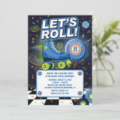 Verjaardagsuitnodiging voor jongens roller skating (Staand voorkant)