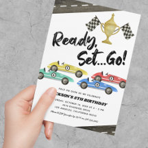 Verjaardagsuitnodiging voor kinderen met raceauto'