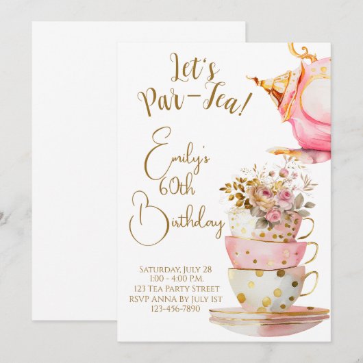 Verjaardagsuitnodiging voor Let's Par-Tea Birthday Kaart (Voorkant / Achterkant)