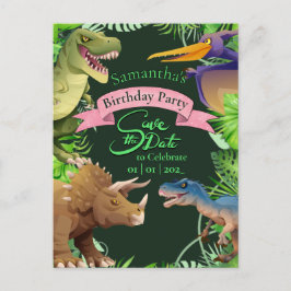Verjaardagsuitnodiging voor meisje dinosaurus briefkaart