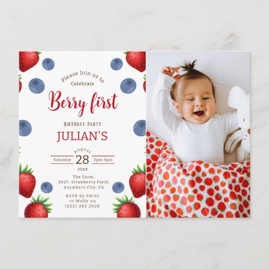 Verjaardagsuitnodiging voor meisje met blauwe bes  informatiekaartje (Voorkant)