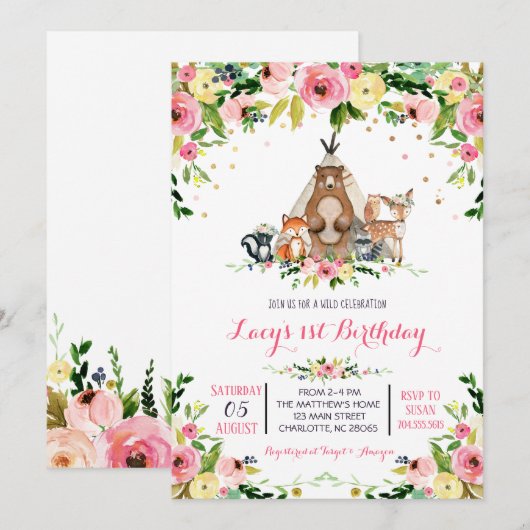 verjaardagsuitnodiging voor meisjes kaart (Voorkant / Achterkant)