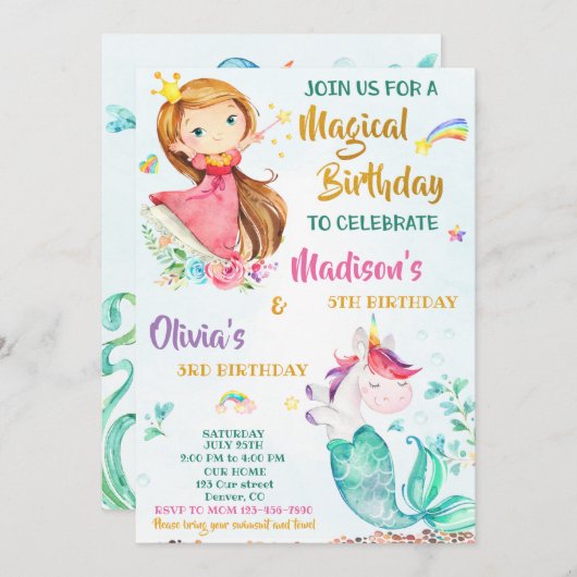 verjaardagsuitnodiging voor meisjes Mermicorn en P Kaart (Voorkant / Achterkant)