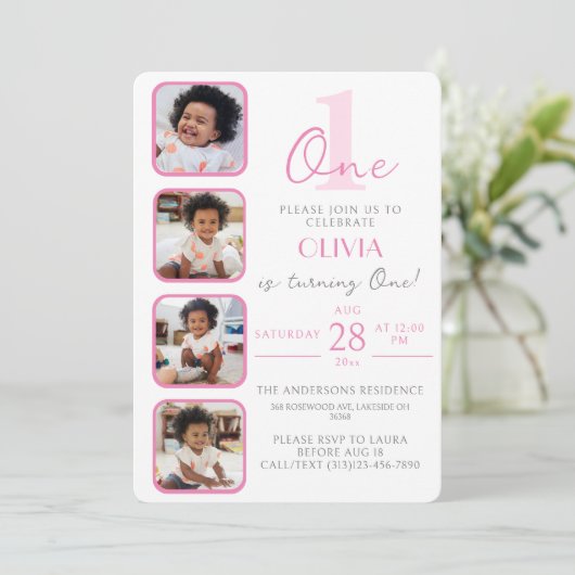 Verjaardagsuitnodiging voor meisjes met fotocollag kaart (Staand voorkant)