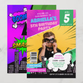 Verjaardagsuitnodiging voor meisjes stripboek supe kaart (Voorkant / Achterkant)