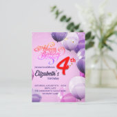 VERJAARDAGSUITNODIGING VOOR MEISJES VAN 4 JAAR BRIEFKAART (Staand voorkant)