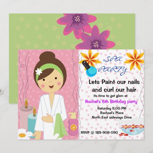 verjaardagsuitnodiging voor meisjes van Spa Party Kaart (Voorkant / Achterkant)