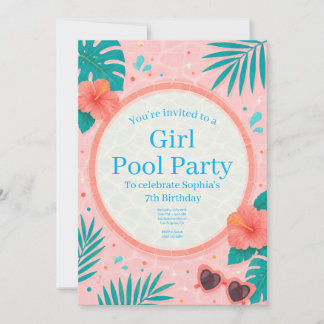 Verjaardagsuitnodiging voor meisjes zwembadfeest kaart