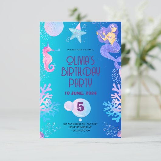 verjaardagsuitnodiging voor Mermaid (Staand voorkant)