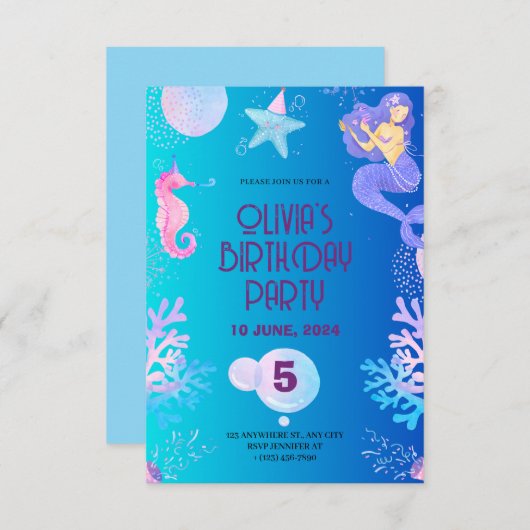 verjaardagsuitnodiging voor Mermaid (Voorkant / Achterkant)