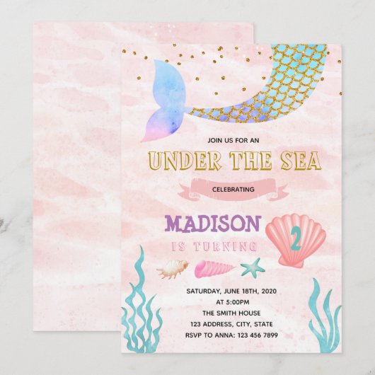 verjaardagsuitnodiging voor Mermaid Kaart (Voorkant / Achterkant)