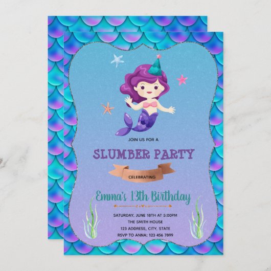 verjaardagsuitnodiging voor Mermaid sleepover Kaart (Voorkant / Achterkant)