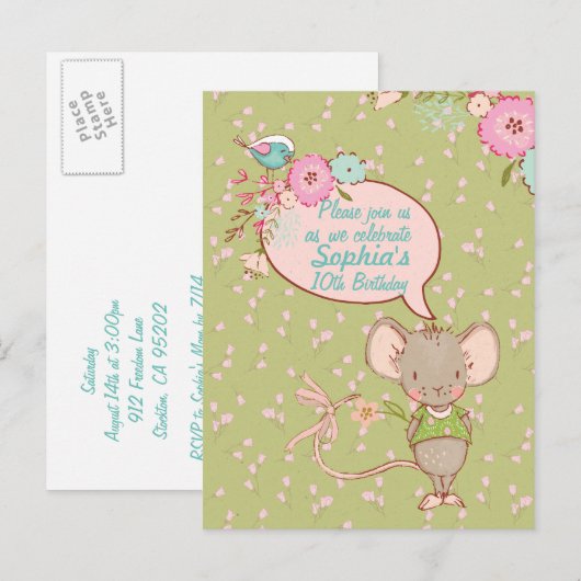 Verjaardagsuitnodiging voor muis- en vogelkinderen uitnodiging briefkaart (Voorkant / Achterkant)