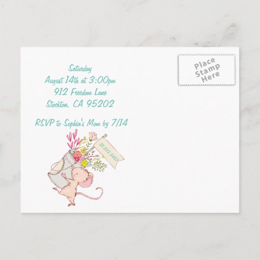 Verjaardagsuitnodiging voor muis- en vogelkinderen uitnodiging briefkaart (Achterkant)