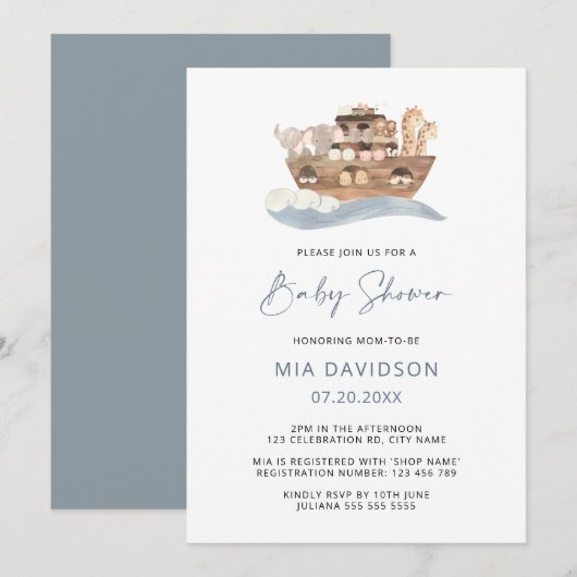 Verjaardagsuitnodiging voor Noah's Ark Baby Shower Kaart (Voorkant / Achterkant)