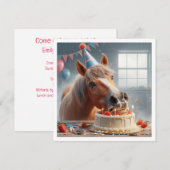 Verjaardagsuitnodiging voor paard dat cake eet, pa kaart (Voorkant / Achterkant)