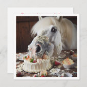 Verjaardagsuitnodiging voor paard dat cake eet, pa kaart (Voorkant / Achterkant)