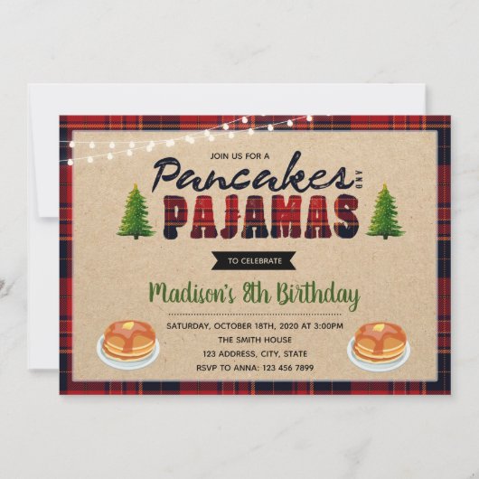 verjaardagsuitnodiging voor pannenkoeken en pyjama kaart (Voorkant)