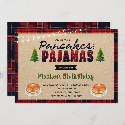 verjaardagsuitnodiging voor pannenkoeken en pyjama kaart (Voorkant / Achterkant)