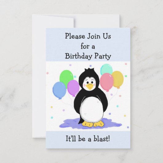 Verjaardagsuitnodiging voor Pinguïn en Ballonnen Kaart (Voorkant)