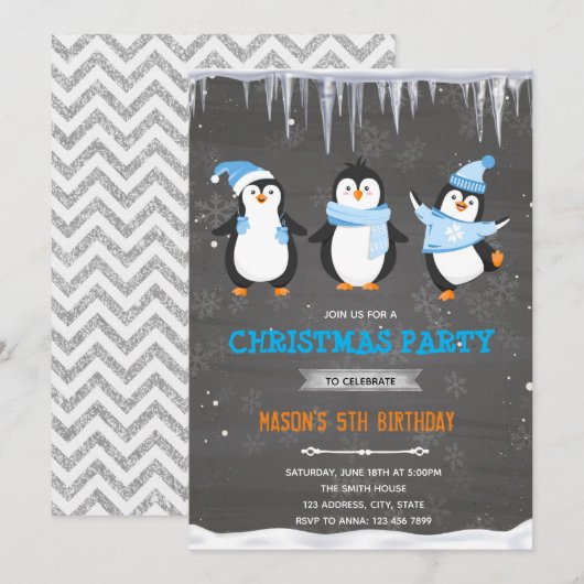 Verjaardagsuitnodiging voor pinguïn jongen kaart (Voorkant / Achterkant)