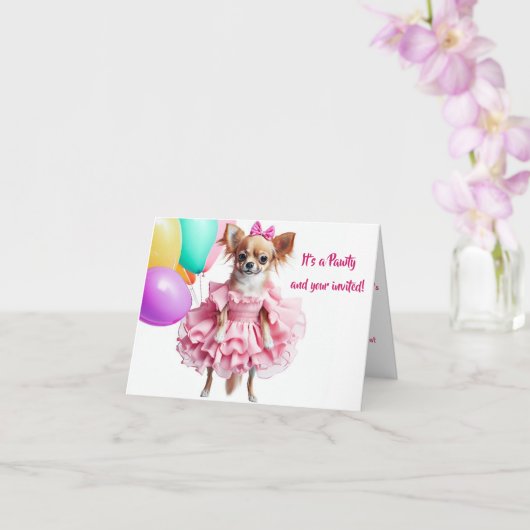 Verjaardagsuitnodiging voor Pink Ruffles Chihuahua Kaart (Orchidee)