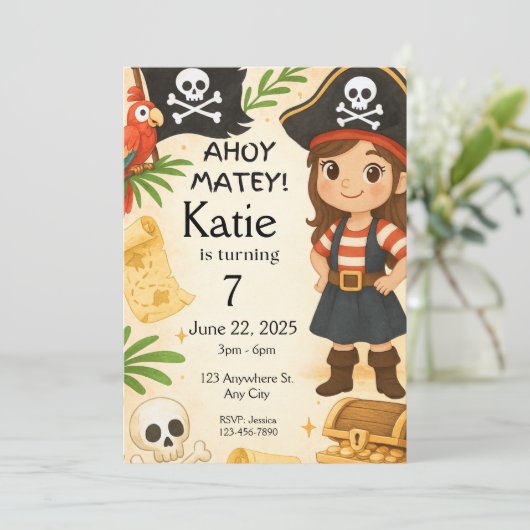 Verjaardagsuitnodiging voor piraten, Ahoy Matey Pa Kaart (Staand voorkant)