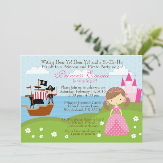 verjaardagsuitnodiging voor prinses en Pirate Kaart (Staand voorkant)