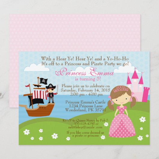 verjaardagsuitnodiging voor prinses en Pirate Kaart (Voorkant / Achterkant)