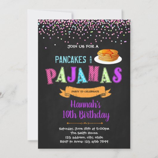 verjaardagsuitnodiging voor pyjama's en pannenkoek kaart (Voorkant)