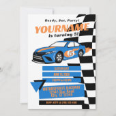Verjaardagsuitnodiging voor raceauto (blauw) kaart (Voorkant)
