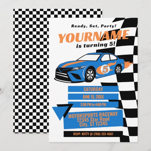 Verjaardagsuitnodiging voor raceauto (blauw) kaart (Voorkant / Achterkant)