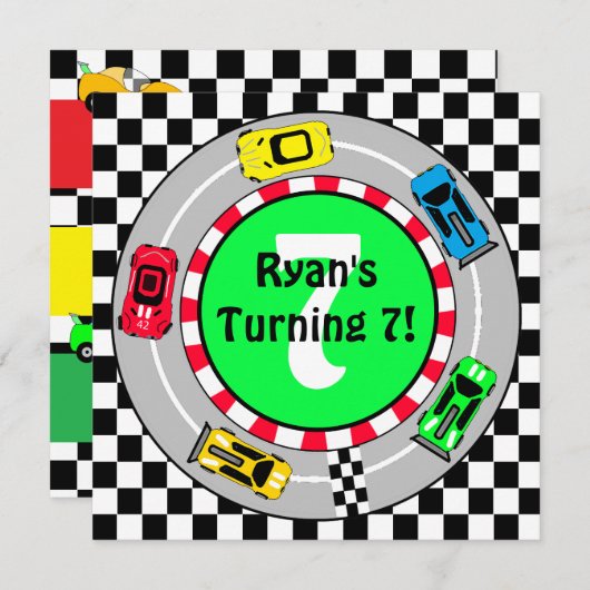 Verjaardagsuitnodiging voor raceautojongen kaart (Voorkant / Achterkant)