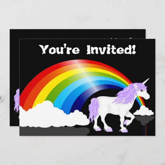 Verjaardagsuitnodiging voor regenboog, wolken en e kaart (Voorkant / Achterkant)