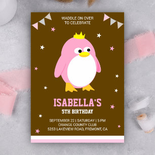 Verjaardagsuitnodiging voor roze pinguïnmeisjes kaart