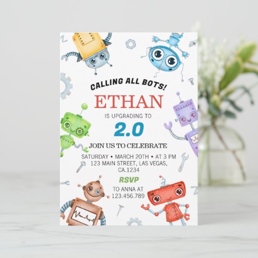 Verjaardagsuitnodiging voor ruimte robots kaart (Staand voorkant)