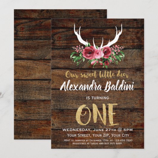 Verjaardagsuitnodiging voor rustieke herten kaart (Voorkant / Achterkant)