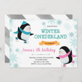 verjaardagsuitnodiging voor schaats van pinguïn feestdagenkaart (Voorkant / Achterkant)