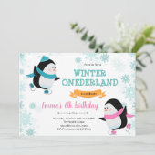 verjaardagsuitnodiging voor schaats van pinguïn feestdagenkaart (Staand voorkant)