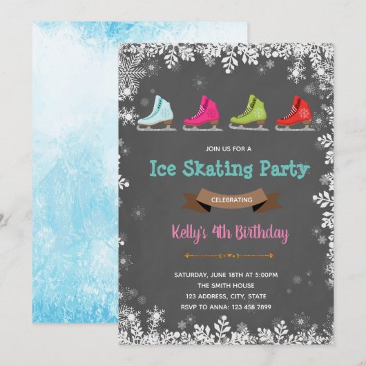 Verjaardagsuitnodiging voor schaatsen op ijs in de kaart (Voorkant / Achterkant)
