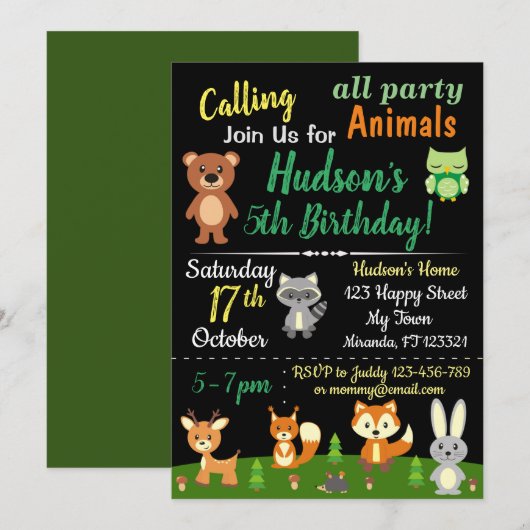 verjaardagsuitnodiging voor schapen- en bosdieren kaart (Voorkant / Achterkant)