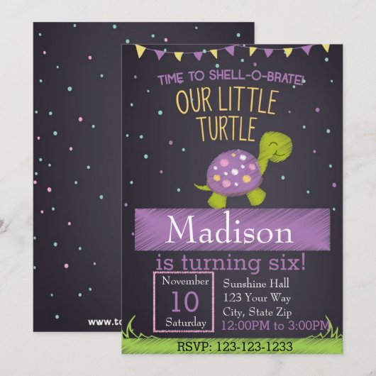 Verjaardagsuitnodiging voor schildpadden (paarse) kaart (Voorkant / Achterkant)