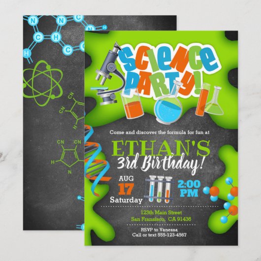 Verjaardagsuitnodiging voor Science Party Kaart (Voorkant / Achterkant)