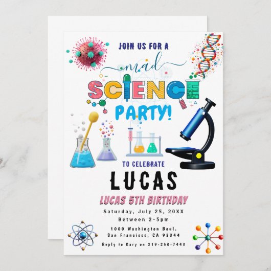 Verjaardagsuitnodiging voor Science Party Kaart (Voorkant / Achterkant)