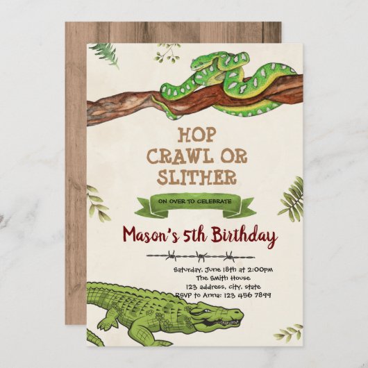 verjaardagsuitnodiging voor slangen en krokodillen kaart (Voorkant / Achterkant)